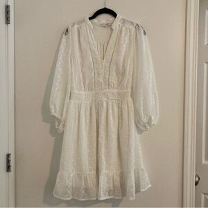Baltic Born white long sleeve puff sleeve mini dress, size small, embroidered